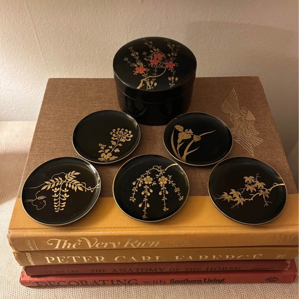 Japanese Black & Gold Lacquer Coaster Set (5 Coasters + Holder)